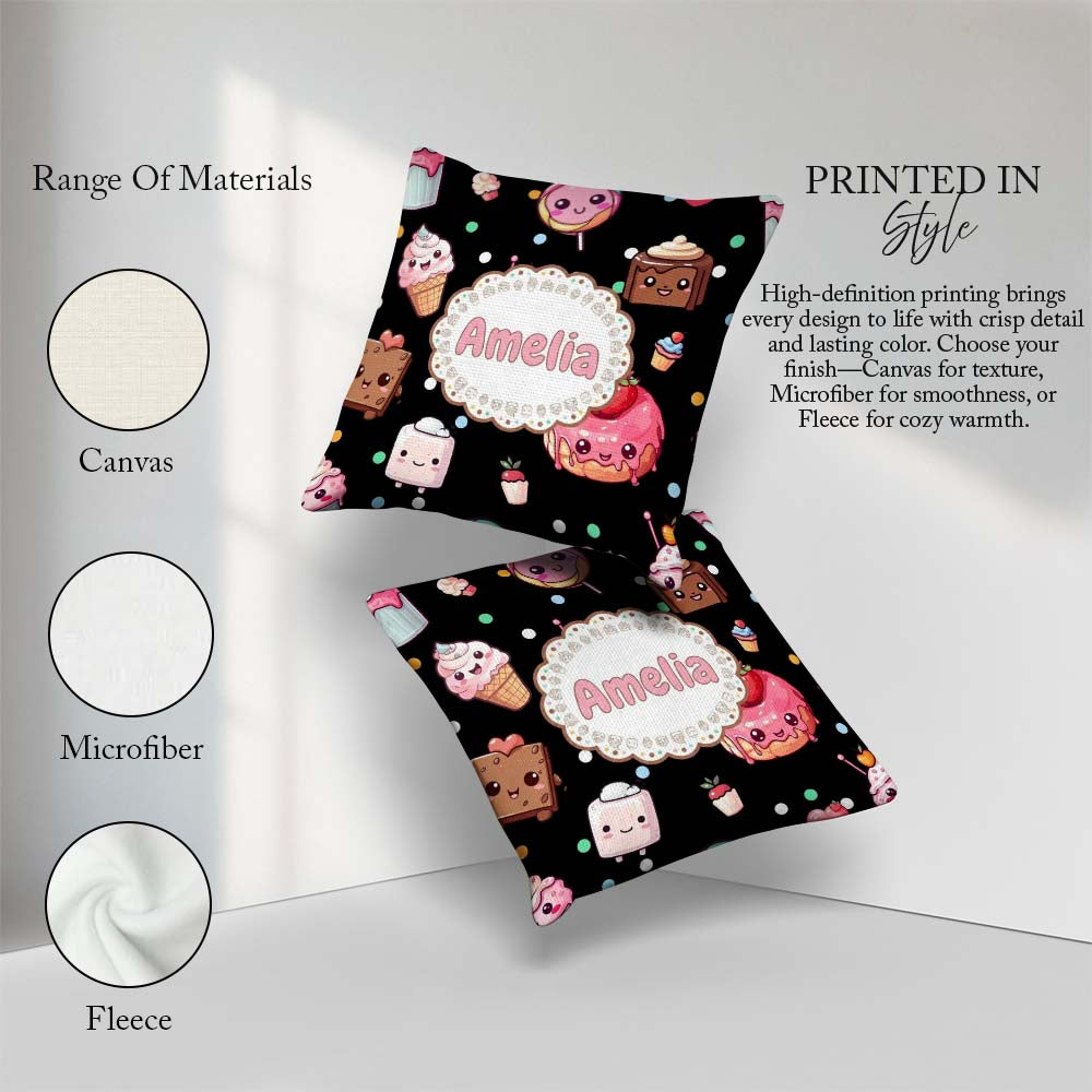 Custom Name Kawaii Desserts Candy Cakes and Sweet Treat Seamless Square Filled Cushion Throw Pillow Sofa Bed Home Decor Zip Washable UK Made