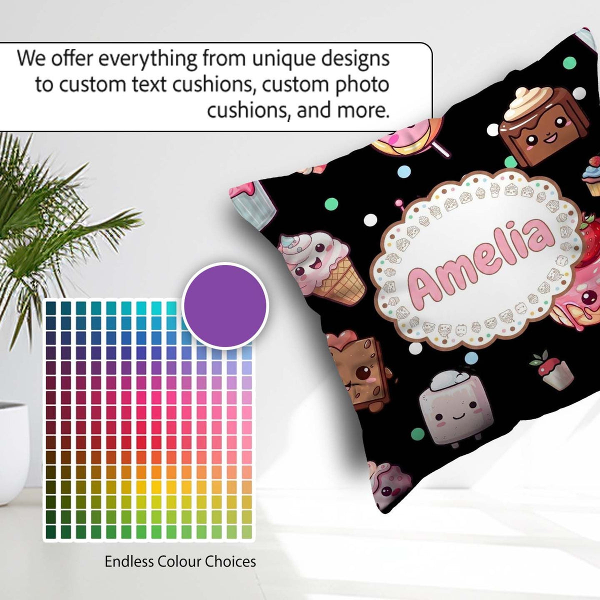 Custom Name Kawaii Desserts Candy Cakes and Sweet Treat Seamless Square Filled Cushion Throw Pillow Sofa Bed Home Decor Zip Washable UK Made