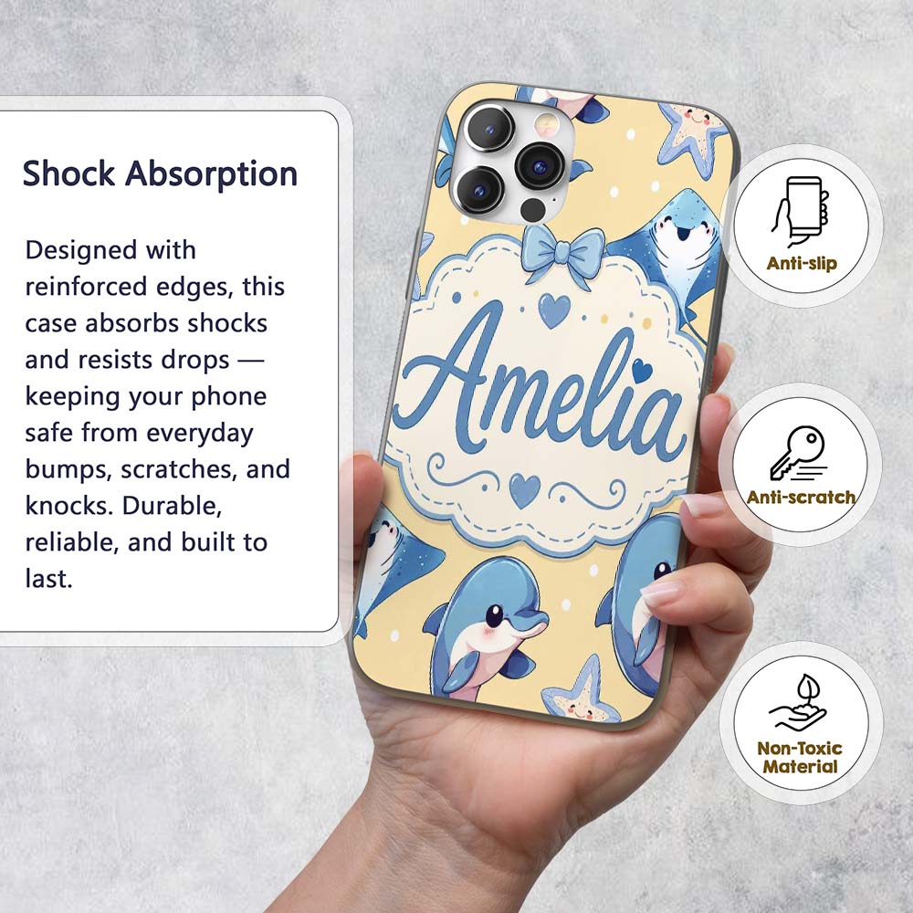 Cute Dolphins Stingrays and Decorative Design Custom Name Protective Phone Case Mobile Cover Durable Everyday Smartphone Shock Resistant