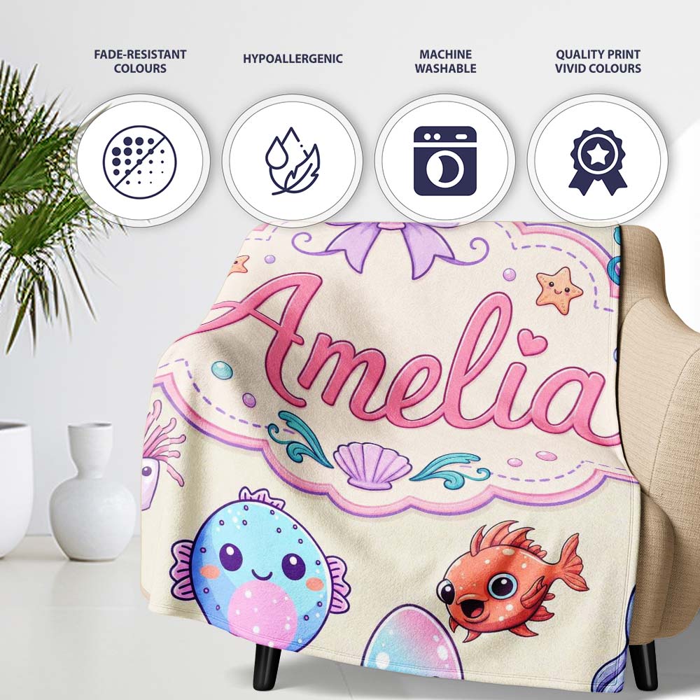 Cute Kawaii Mermaid Seahorse Jellyfish and Starfish Ocean Seamless Personalised Custom Name Super Soft Fleece Blanket Bed Sofa Throw
