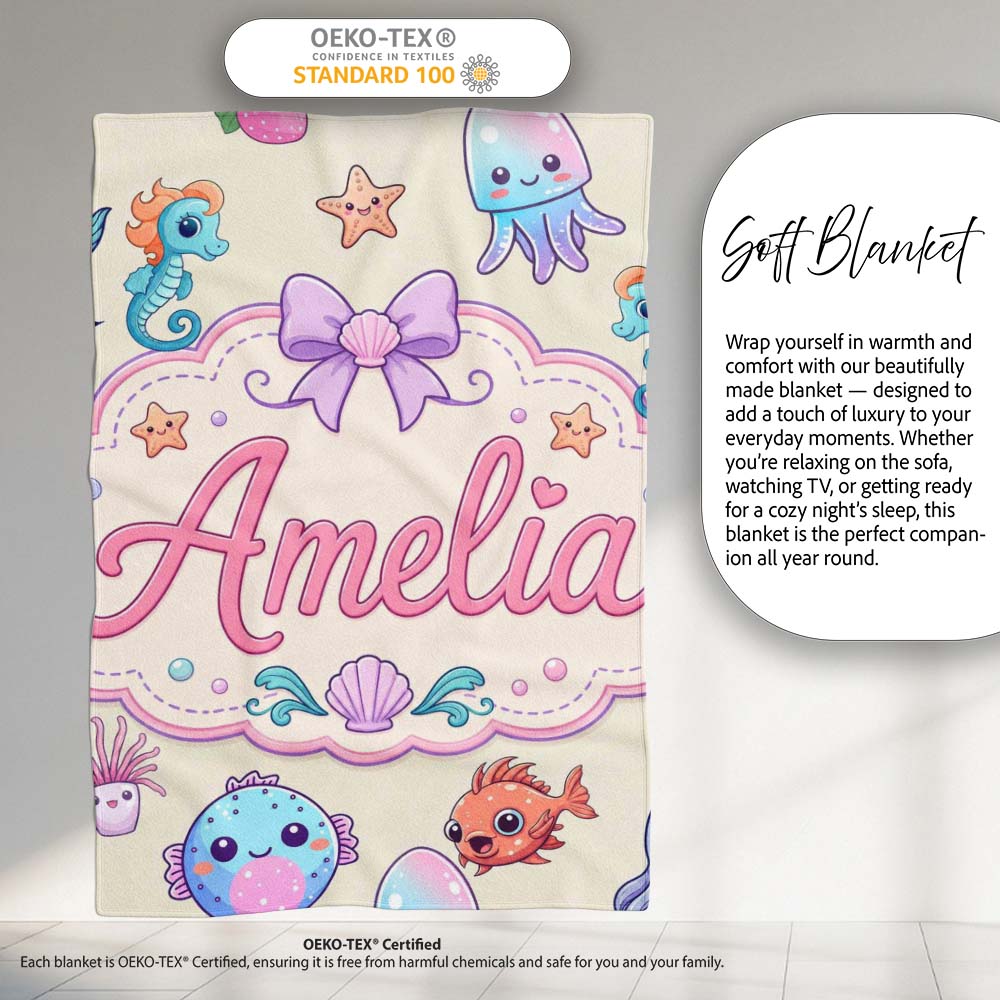 Cute Kawaii Mermaid Seahorse Jellyfish and Starfish Ocean Seamless Personalised Custom Name Super Soft Fleece Blanket Bed Sofa Throw