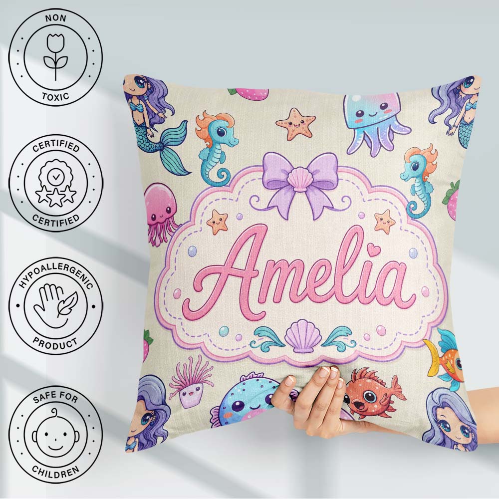 Custom Name Kawaii Mermaid Seahorse Jellyfish and Starfish Ocean Square Filled Cushion Throw Pillow Sofa Bed Home Decor Zip Washable UK Made