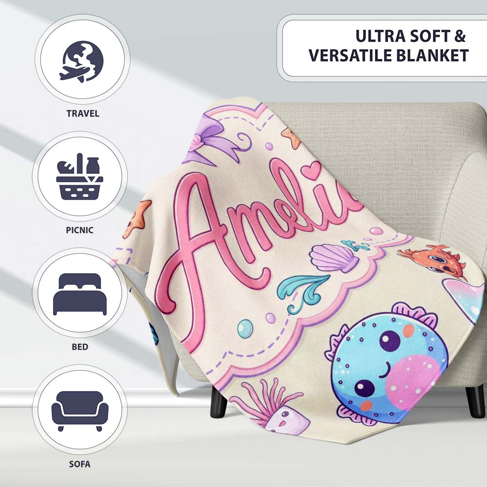 Cute Kawaii Mermaid Seahorse Jellyfish and Starfish Ocean Seamless Personalised Custom Name Super Soft Fleece Blanket Bed Sofa Throw
