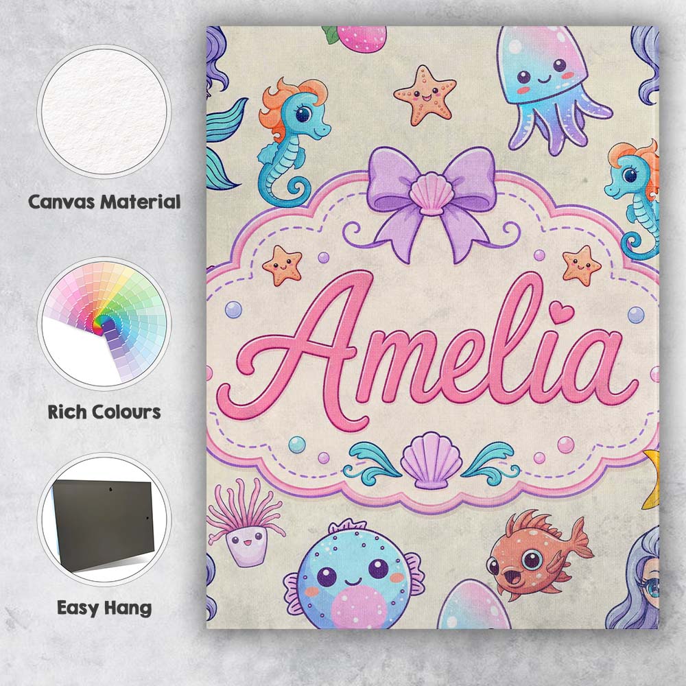 Personalised Name Cute Kawaii Mermaid Custom Modern Room Accent Creative Decorator Style Canvas Wall Art Print Decor Picture Ready to Hang