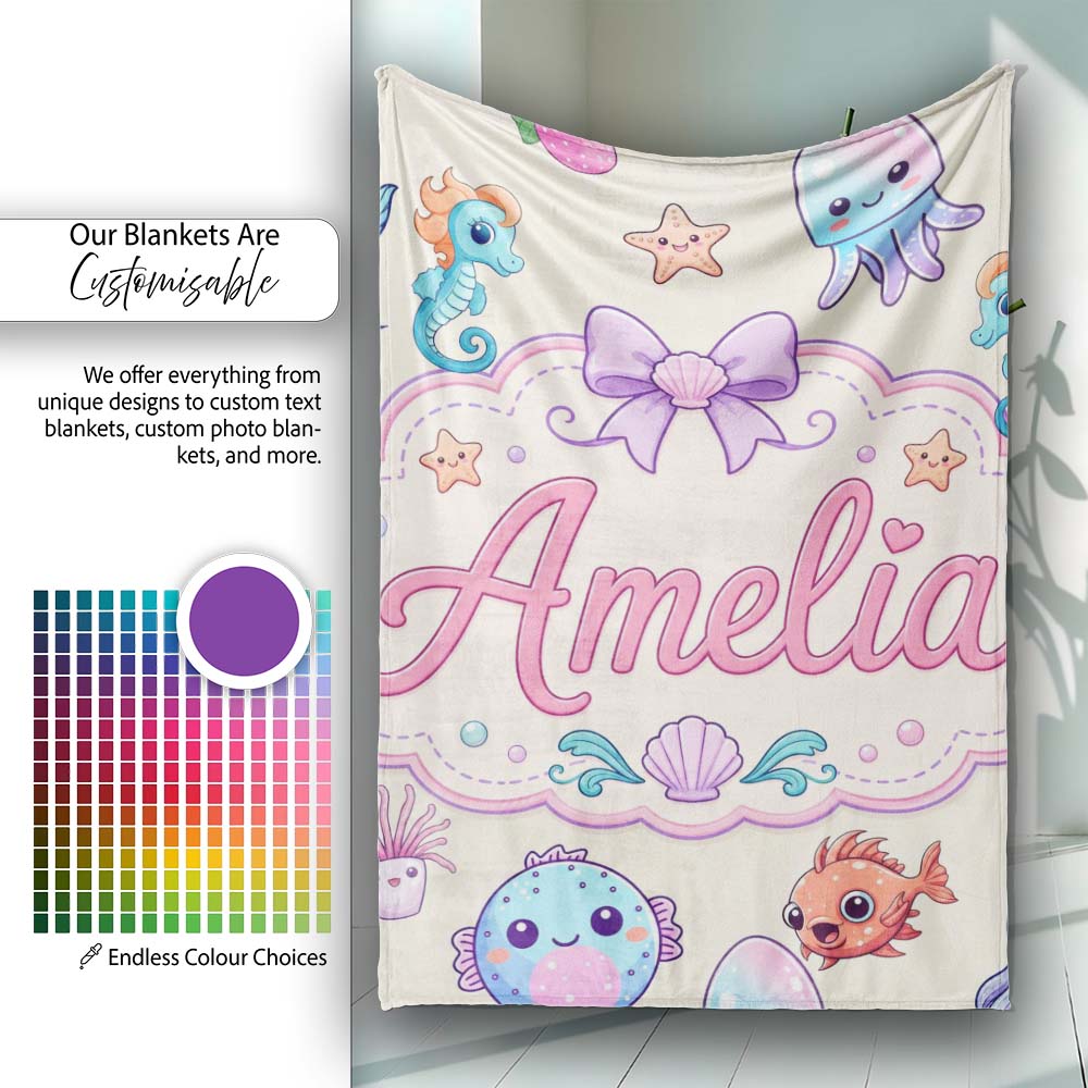 Cute Kawaii Mermaid Seahorse Jellyfish and Starfish Ocean Seamless Personalised Custom Name Super Soft Fleece Blanket Bed Sofa Throw