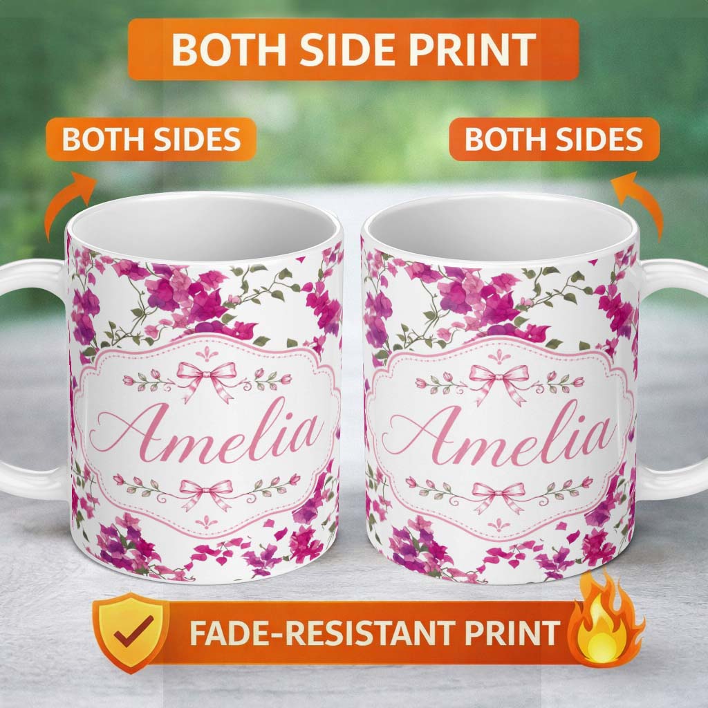 Personalized Custom Name Vibrant Pink Bougainvillea Floral Vine Elegant Seamless Pattern 11oz Ceramic Coffee Tea Mug White Large Handle