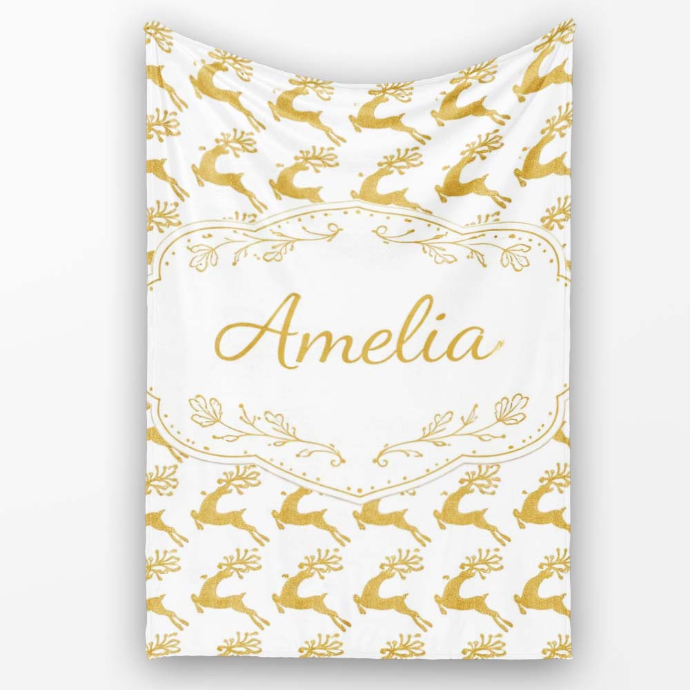 Gold Glitter Reindeer Christmas Seamless Pattern Cute Unique Gift Personalised Custom Name Super Soft Fleece Blanket Bed Sofa Throw