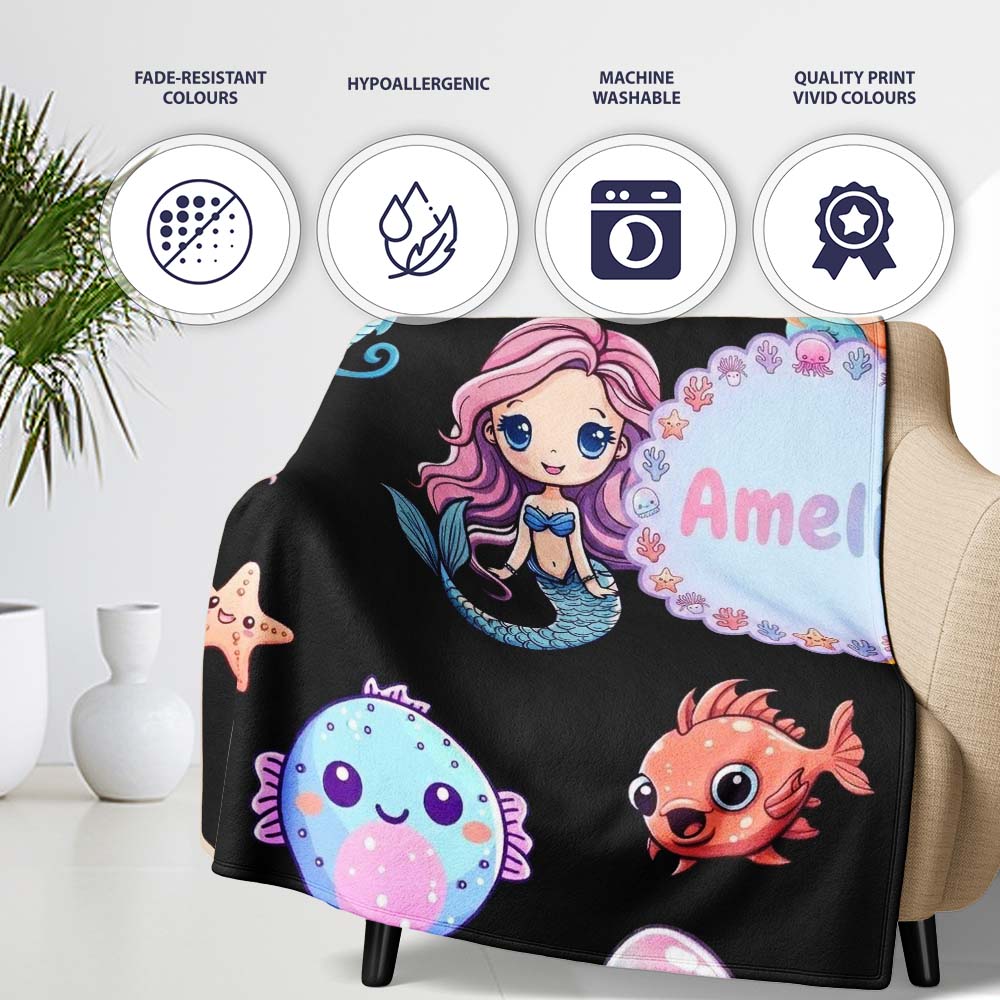Cute Kawaii Mermaid Seahorse Jellyfish and Starfish on Black Lovely Personalised Custom Name Super Soft Fleece Blanket Bed Sofa Throw