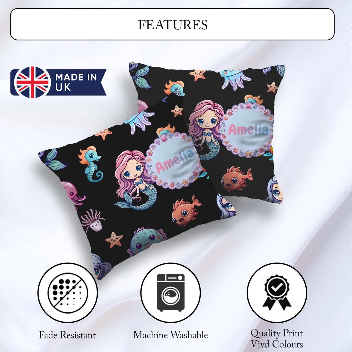 Custom Name Cute Kawaii Seahorse Jellyfish and Starfish on Black Square Filled Cushion Throw Pillow Sofa Bed Home Decor Zip Washable UK Made