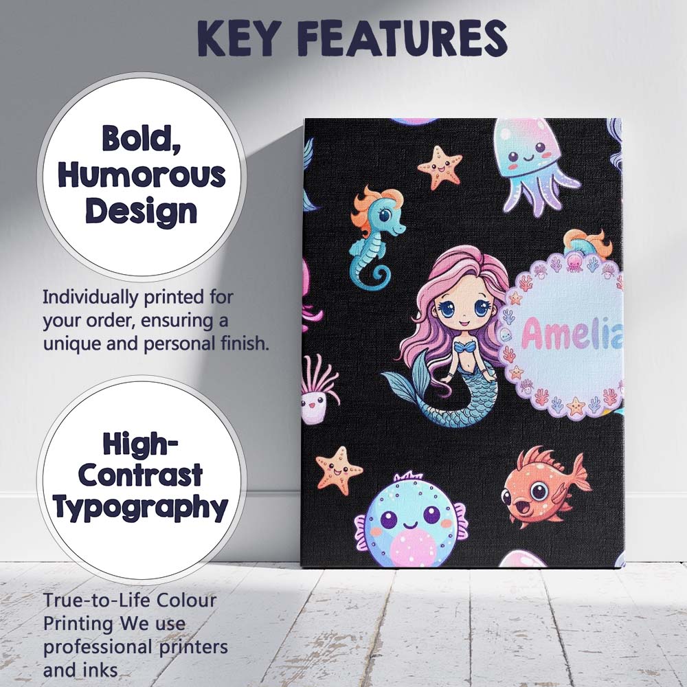 Personalised Name Cute Kawaii Mermaid Custom Modern Room Accent Creative Decorator Style Canvas Wall Art Print Decor Picture Ready to Hang