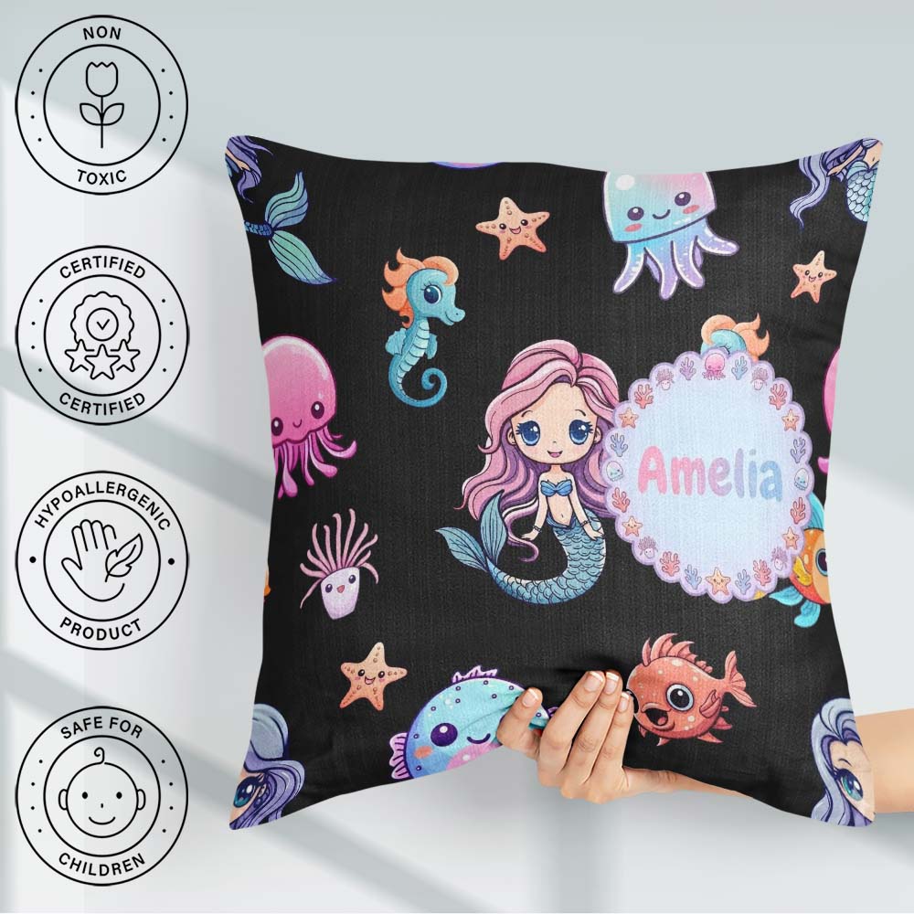 Custom Name Cute Kawaii Seahorse Jellyfish and Starfish on Black Square Filled Cushion Throw Pillow Sofa Bed Home Decor Zip Washable UK Made