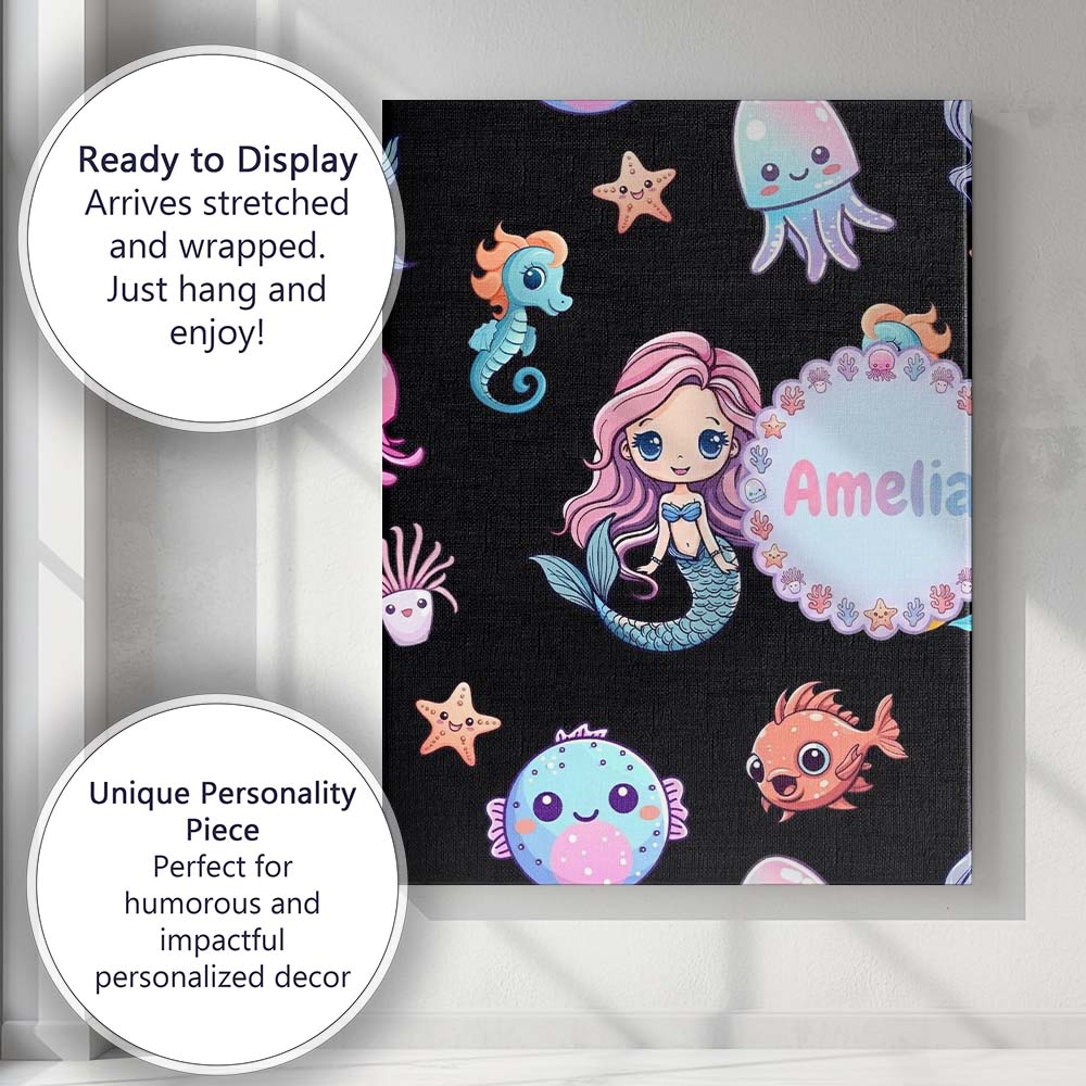 Personalised Name Cute Kawaii Mermaid Custom Modern Room Accent Creative Decorator Style Canvas Wall Art Print Decor Picture Ready to Hang