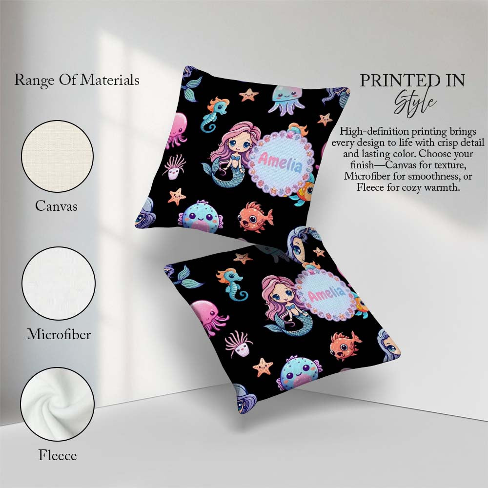 Custom Name Cute Kawaii Seahorse Jellyfish and Starfish on Black Square Filled Cushion Throw Pillow Sofa Bed Home Decor Zip Washable UK Made