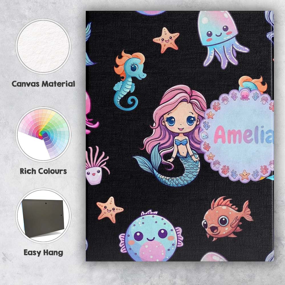 Personalised Name Cute Kawaii Mermaid Custom Modern Room Accent Creative Decorator Style Canvas Wall Art Print Decor Picture Ready to Hang