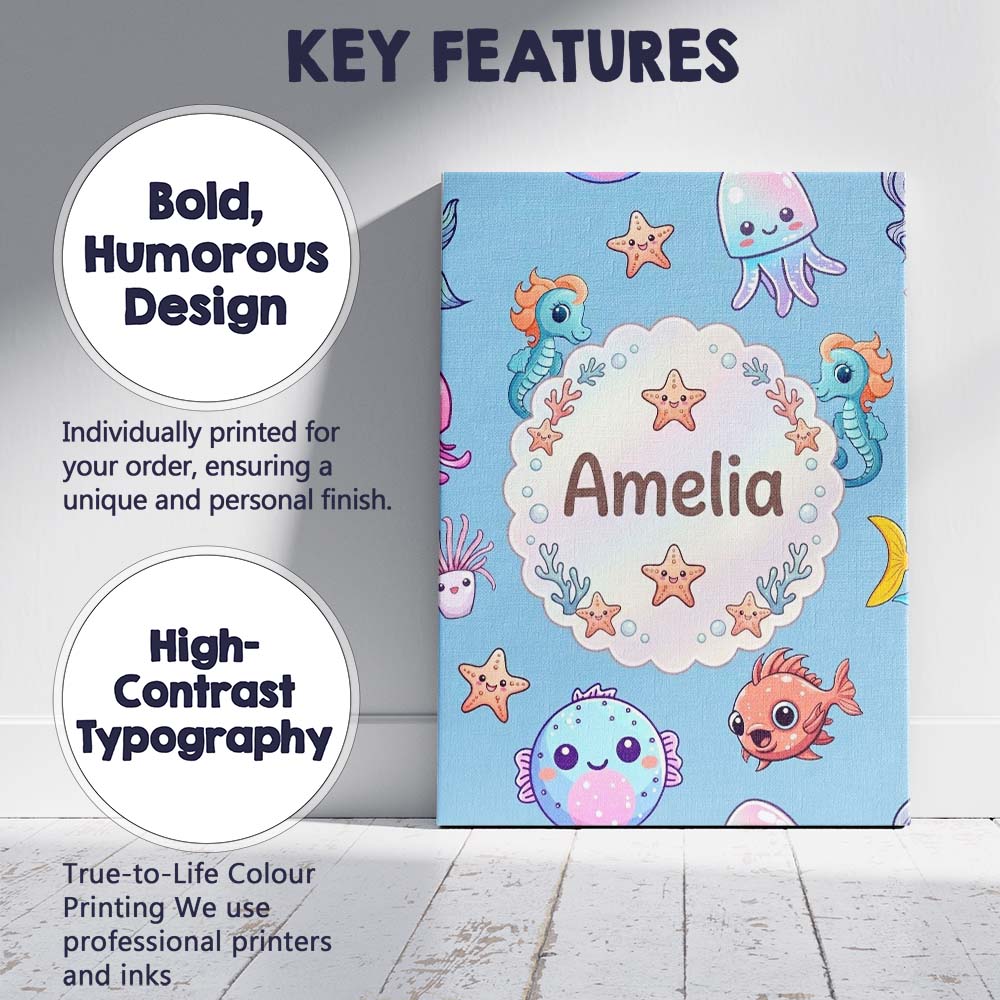 Personalised Name Cute Kawaii Mermaid Custom Modern Room Accent Creative Decorator Style Canvas Wall Art Print Decor Picture Ready to Hang