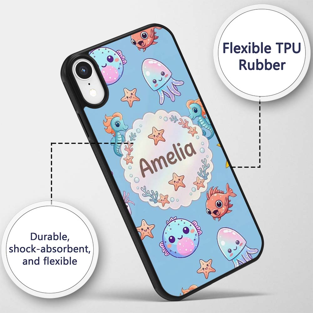 Cute Kawaii Mermaid Seahorse Decorative Design Custom Name Protective Phone Case Mobile Cover Durable Everyday Smartphone Shock Resistant