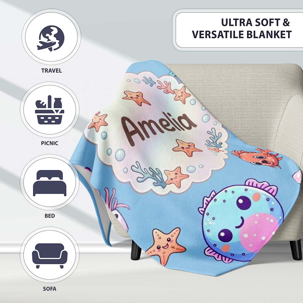 Cute Kawaii Mermaid Seahorse Jellyfish and Starfish Blue Background Personalised Custom Name Super Soft Fleece Blanket Bed Sofa Throw