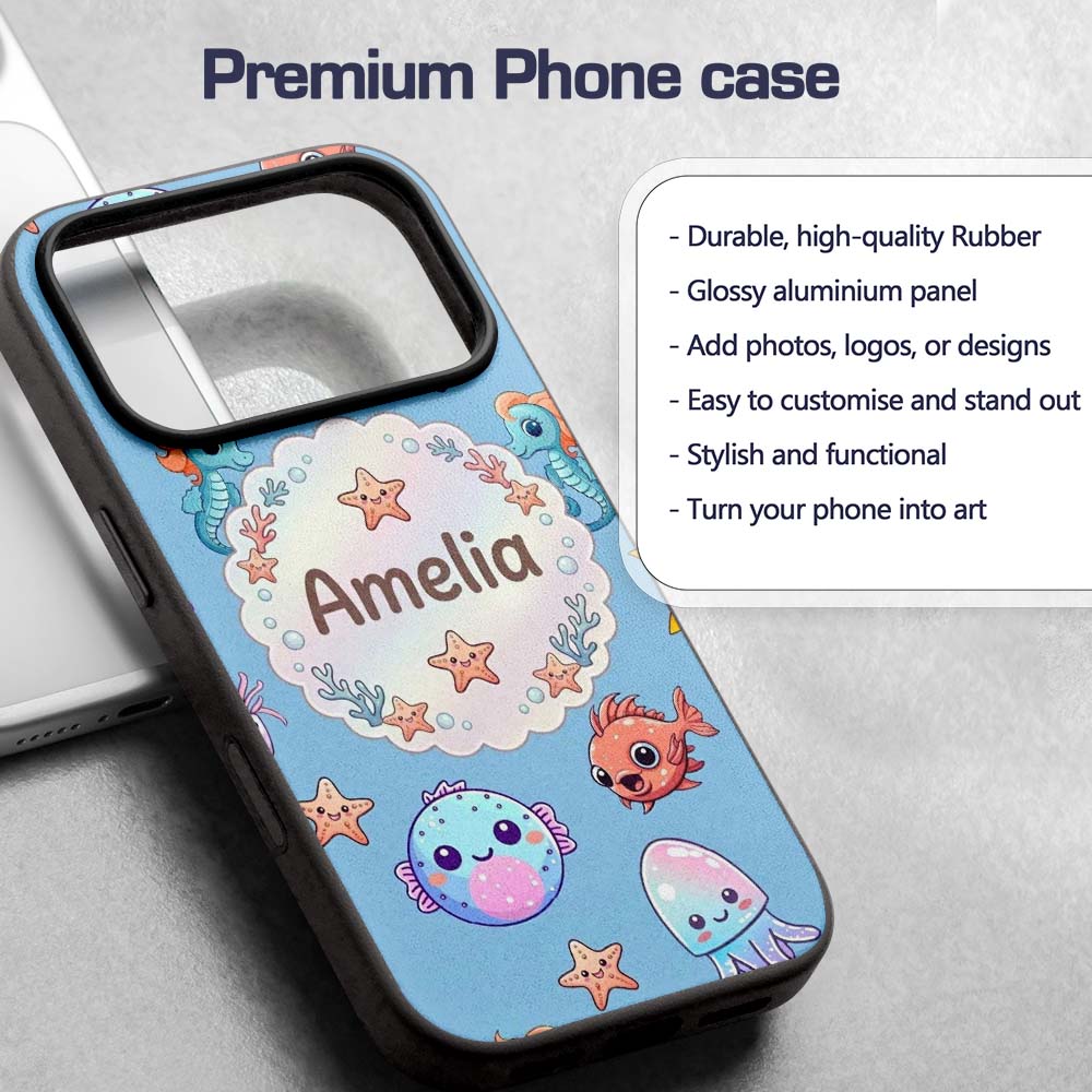 Cute Kawaii Mermaid Seahorse Decorative Design Custom Name Protective Phone Case Mobile Cover Durable Everyday Smartphone Shock Resistant