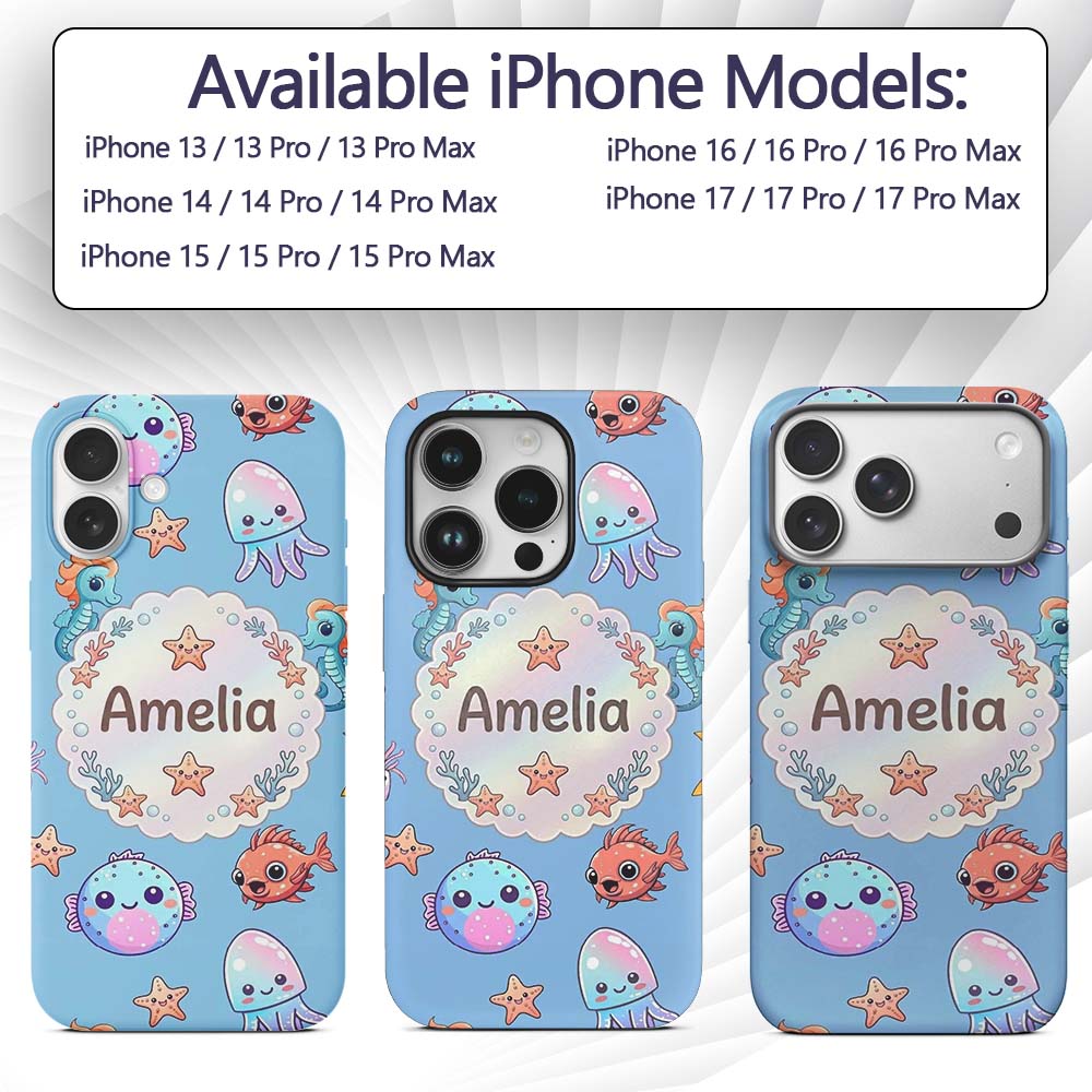 Cute Kawaii Mermaid Seahorse Decorative Design Custom Name Protective Phone Case Mobile Cover Durable Everyday Smartphone Shock Resistant