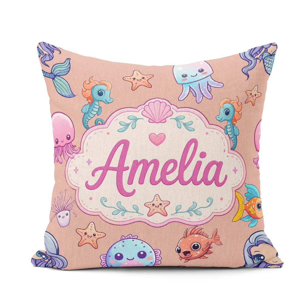Custom Name Kawaii Mermaid Seahorse Jellyfish and Starfish Peach Square Filled Cushion Throw Pillow Sofa Bed Home Decor Zip Washable UK Made