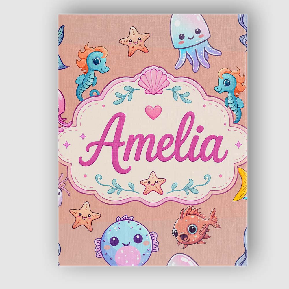 Personalised Name Cute Kawaii Mermaid Custom Modern Room Accent Creative Decorator Style Canvas Wall Art Print Decor Picture Ready to Hang