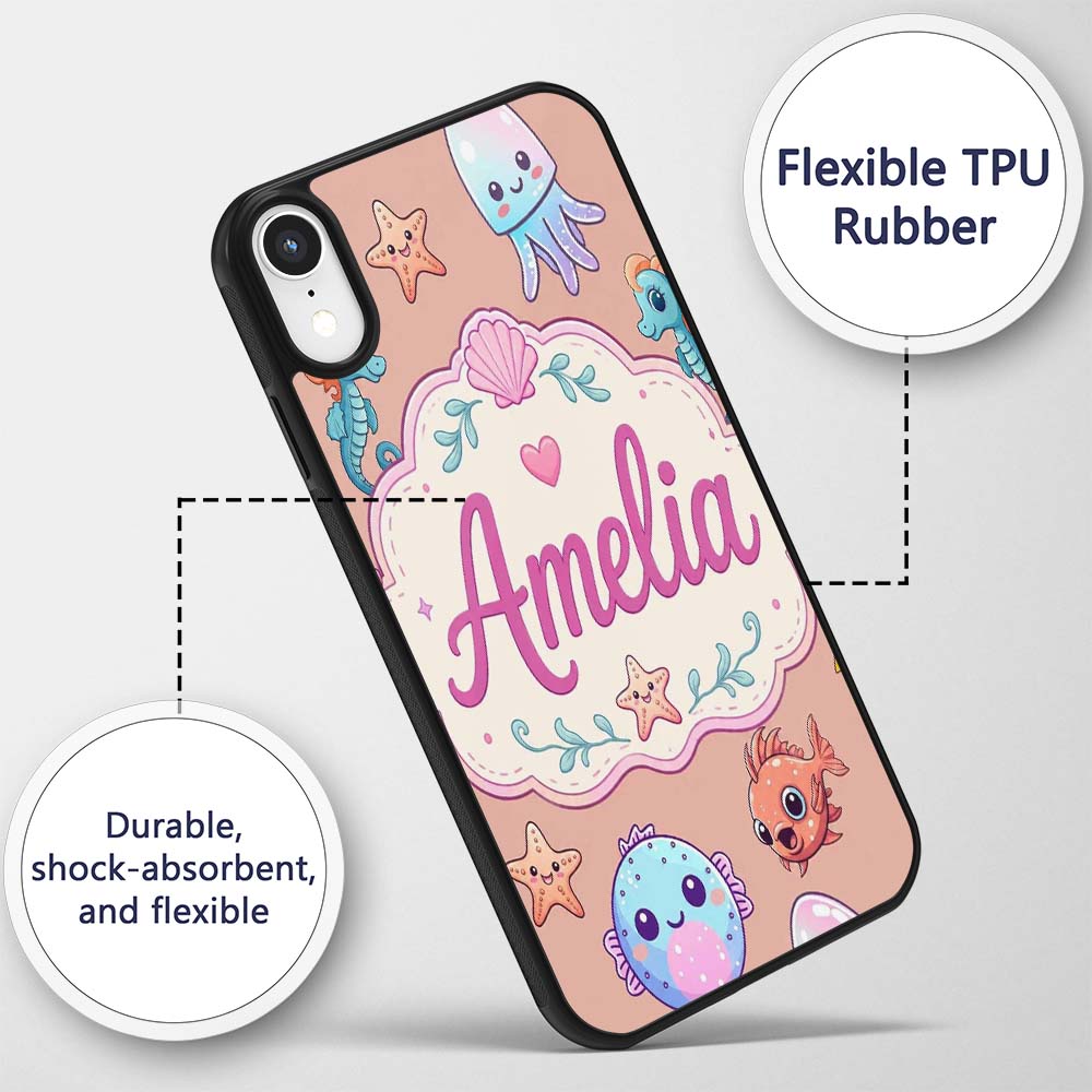 Cute Kawaii Mermaid Seahorse Decorative Design Custom Name Protective Phone Case Mobile Cover Durable Everyday Smartphone Shock Resistant