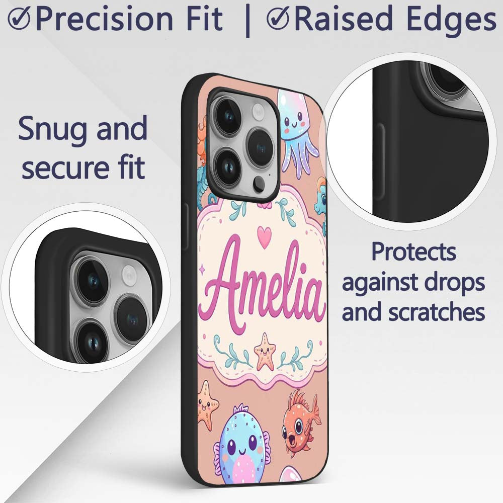 Cute Kawaii Mermaid Seahorse Decorative Design Custom Name Protective Phone Case Mobile Cover Durable Everyday Smartphone Shock Resistant