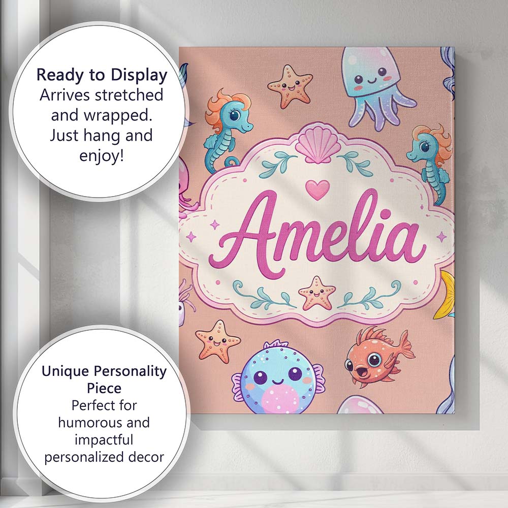 Personalised Name Cute Kawaii Mermaid Custom Modern Room Accent Creative Decorator Style Canvas Wall Art Print Decor Picture Ready to Hang