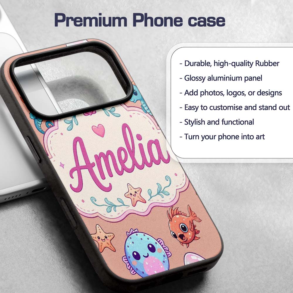 Cute Kawaii Mermaid Seahorse Decorative Design Custom Name Protective Phone Case Mobile Cover Durable Everyday Smartphone Shock Resistant