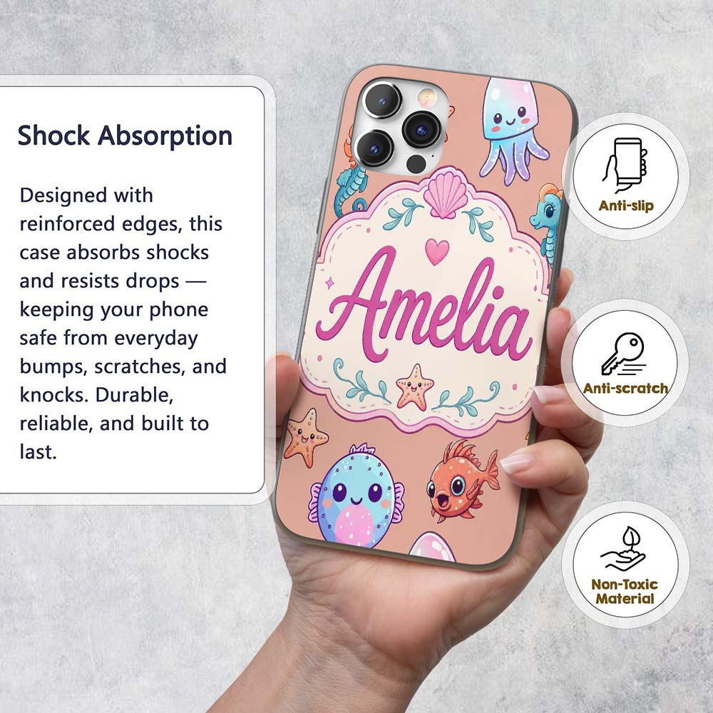 Cute Kawaii Mermaid Seahorse Decorative Design Custom Name Protective Phone Case Mobile Cover Durable Everyday Smartphone Shock Resistant