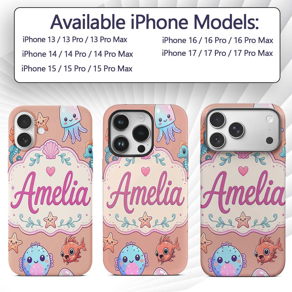 Cute Kawaii Mermaid Seahorse Decorative Design Custom Name Protective Phone Case Mobile Cover Durable Everyday Smartphone Shock Resistant