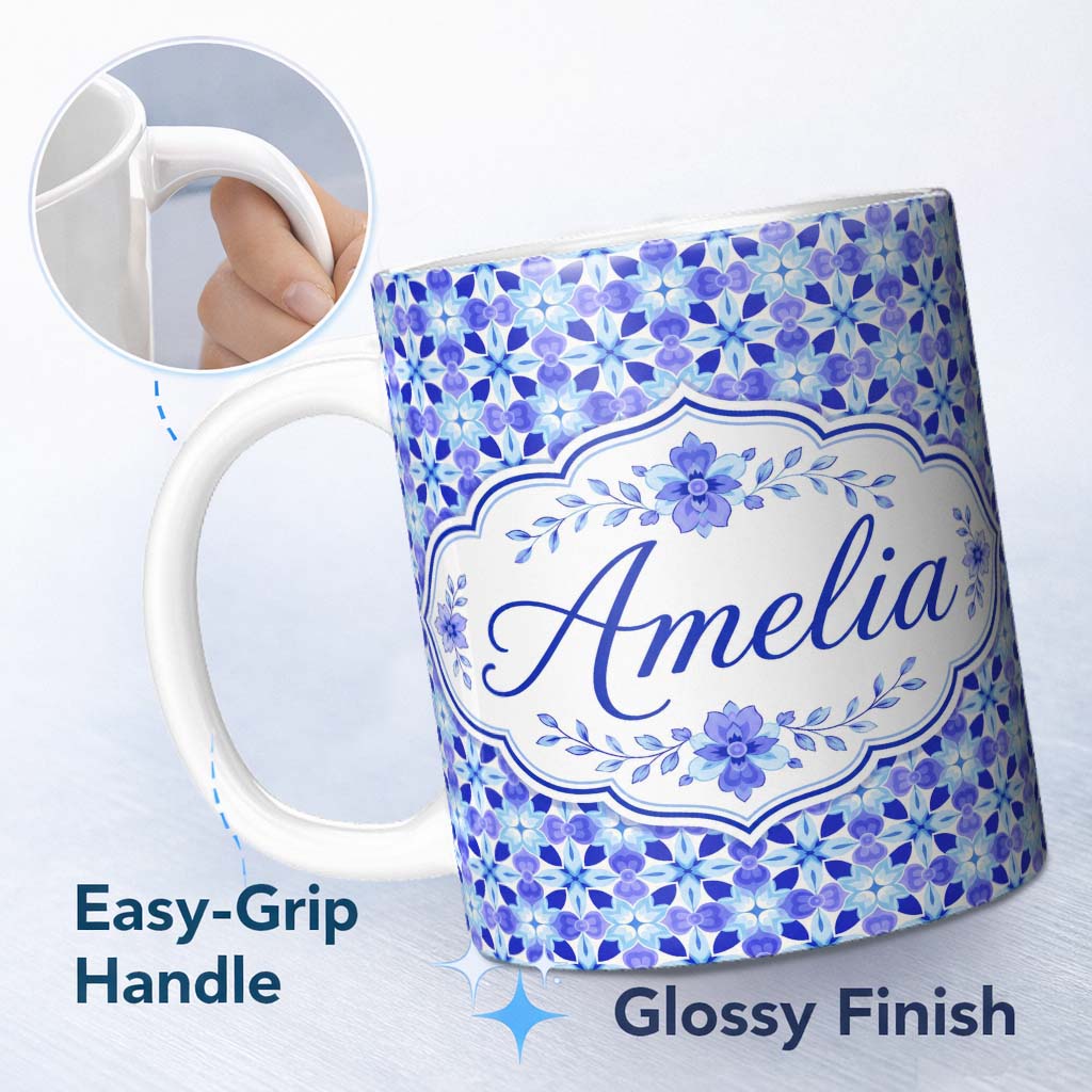 Personalized Custom Name Blue Kaleidoscope Floral Tile Seamless Pattern Symmetrical Geometric 11oz Ceramic Coffee Tea Mug White Large Handle