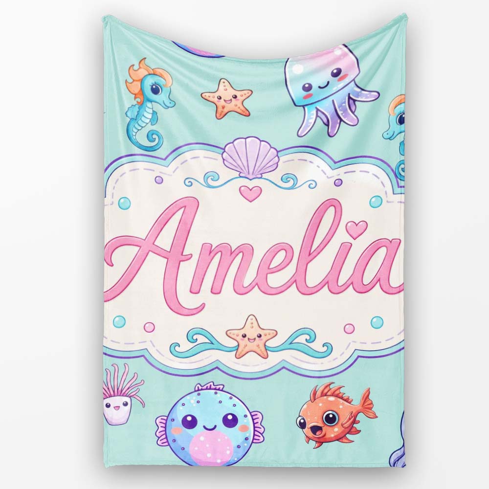 Cute Kawaii Mermaid Seahorse Jellyfish and Starfish Mint Background Personalised Custom Name Super Soft Fleece Blanket Bed Sofa Throw
