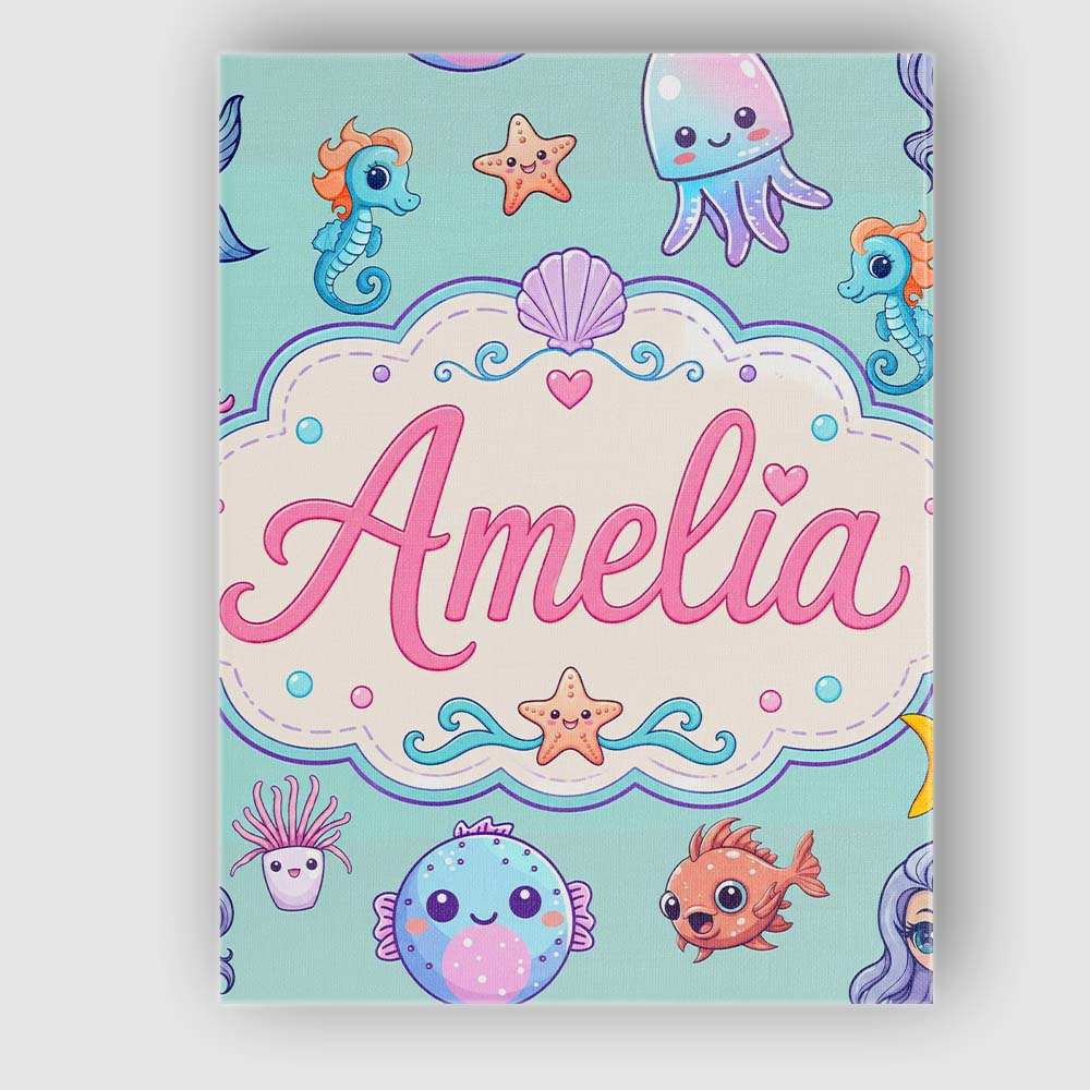 Personalised Name Cute Kawaii Mermaid Custom Modern Room Accent Creative Decorator Style Canvas Wall Art Print Decor Picture Ready to Hang