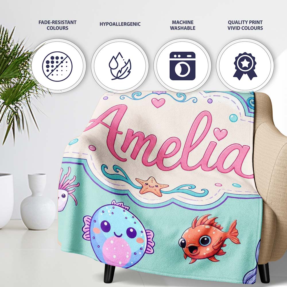 Cute Kawaii Mermaid Seahorse Jellyfish and Starfish Mint Background Personalised Custom Name Super Soft Fleece Blanket Bed Sofa Throw
