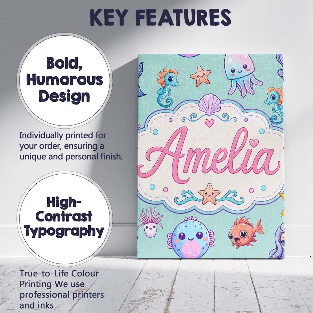 Personalised Name Cute Kawaii Mermaid Custom Modern Room Accent Creative Decorator Style Canvas Wall Art Print Decor Picture Ready to Hang