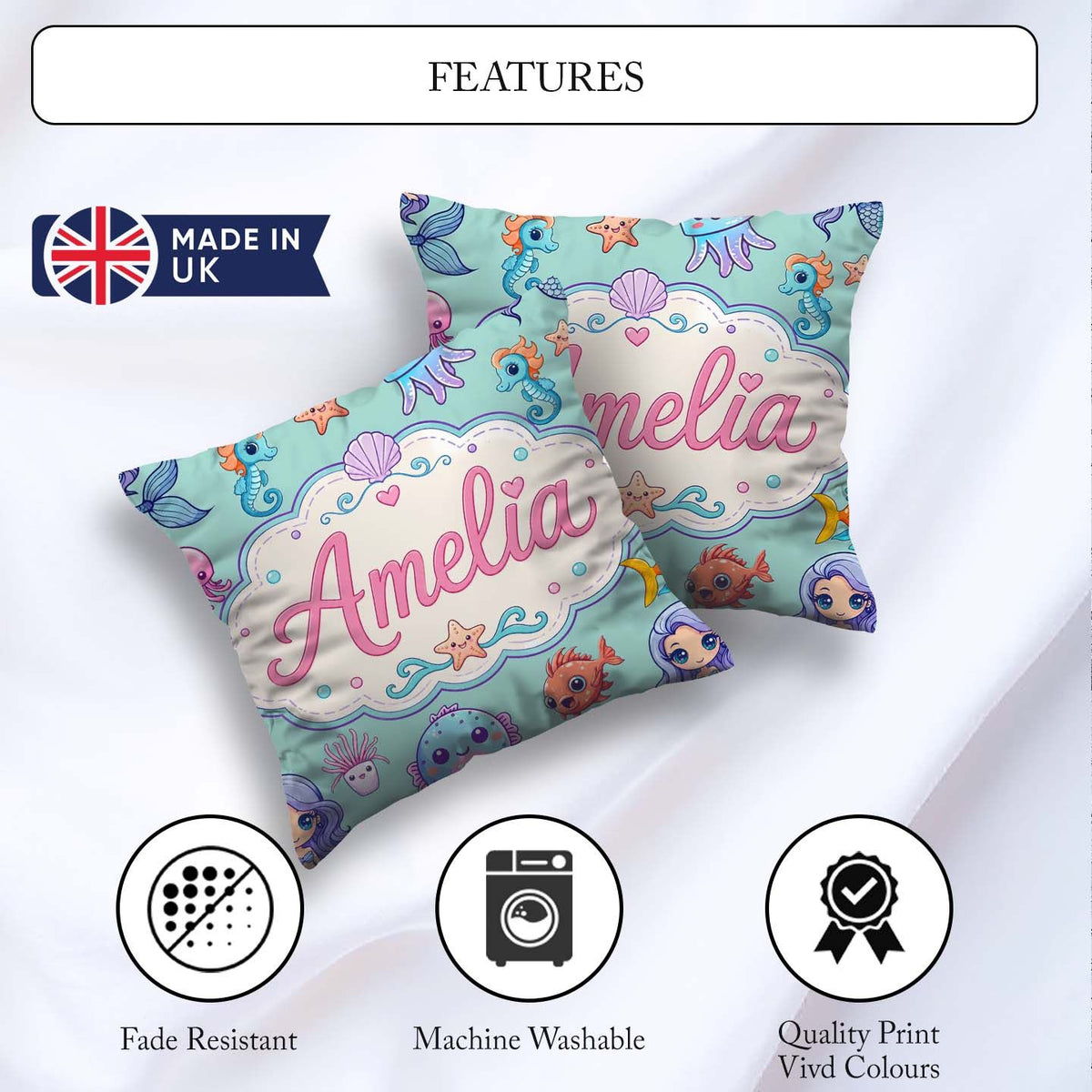 Custom Name Kawaii Mermaid Seahorse and Starfish Mint Background Square Filled Cushion Throw Pillow Sofa Bed Home Decor Zip Washable UK Made