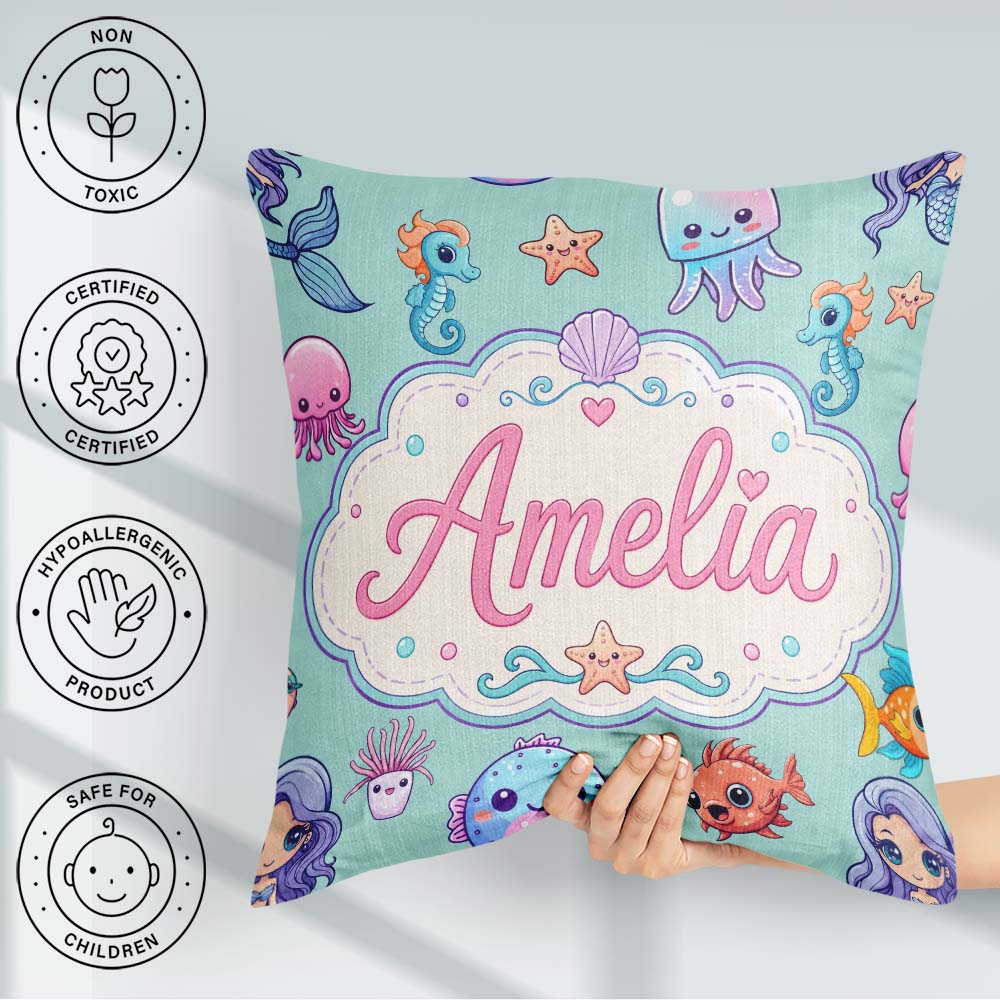 Custom Name Kawaii Mermaid Seahorse and Starfish Mint Background Square Filled Cushion Throw Pillow Sofa Bed Home Decor Zip Washable UK Made