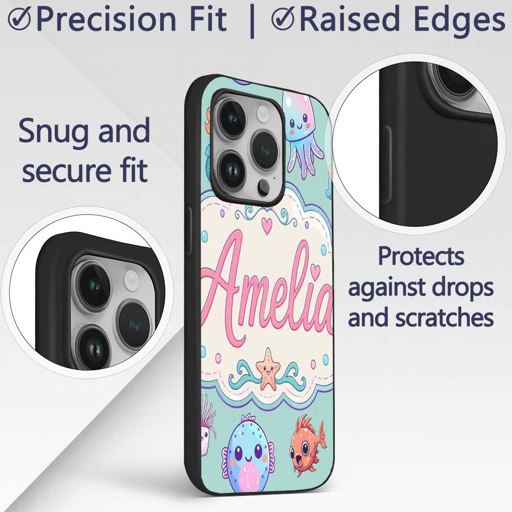 Cute Kawaii Mermaid Seahorse Decorative Design Custom Name Protective Phone Case Mobile Cover Durable Everyday Smartphone Shock Resistant