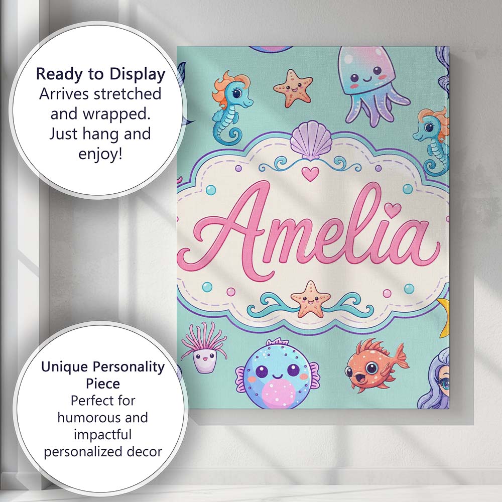 Personalised Name Cute Kawaii Mermaid Custom Modern Room Accent Creative Decorator Style Canvas Wall Art Print Decor Picture Ready to Hang