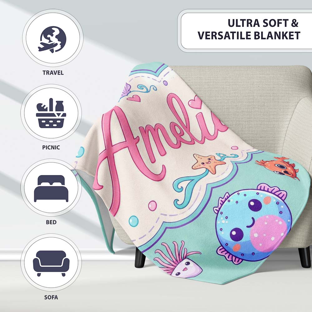 Cute Kawaii Mermaid Seahorse Jellyfish and Starfish Mint Background Personalised Custom Name Super Soft Fleece Blanket Bed Sofa Throw