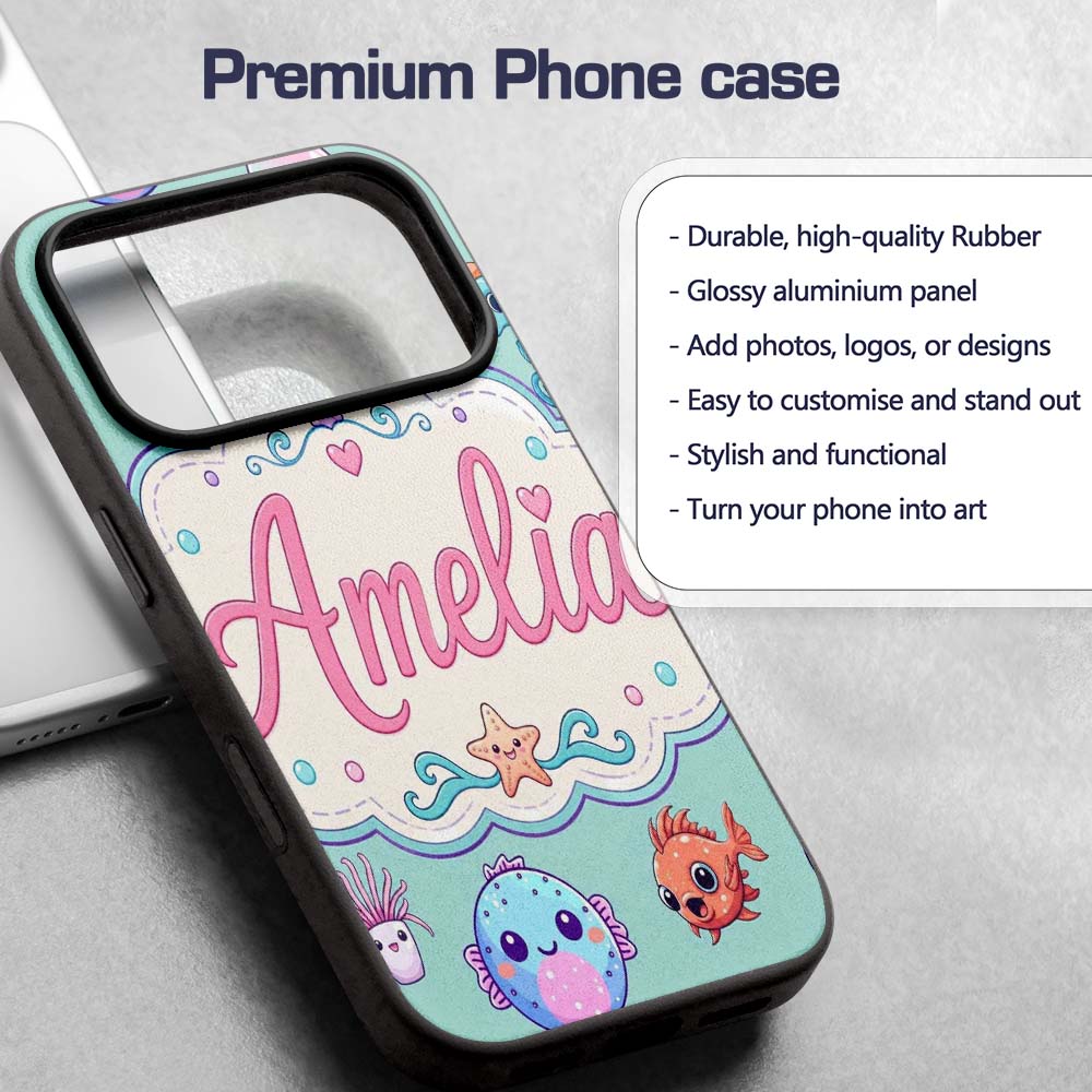Cute Kawaii Mermaid Seahorse Decorative Design Custom Name Protective Phone Case Mobile Cover Durable Everyday Smartphone Shock Resistant