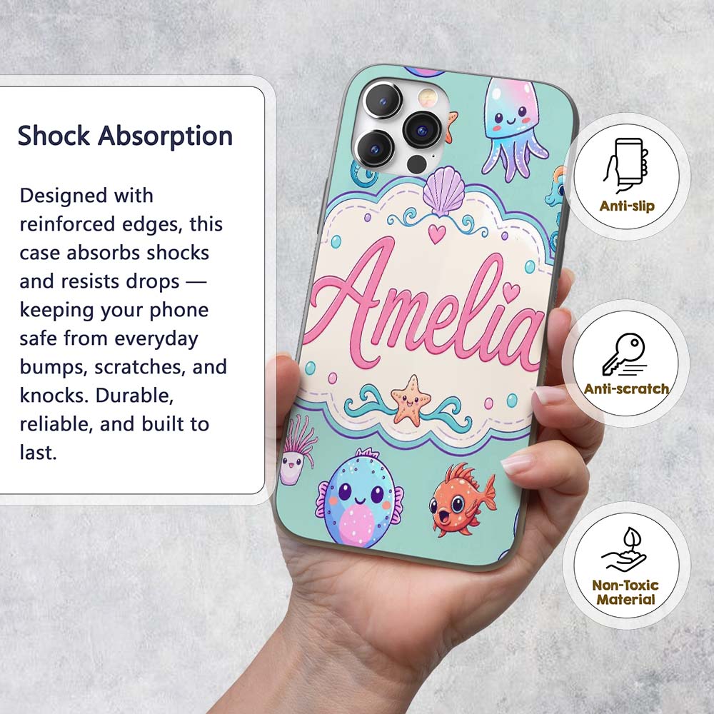 Cute Kawaii Mermaid Seahorse Decorative Design Custom Name Protective Phone Case Mobile Cover Durable Everyday Smartphone Shock Resistant