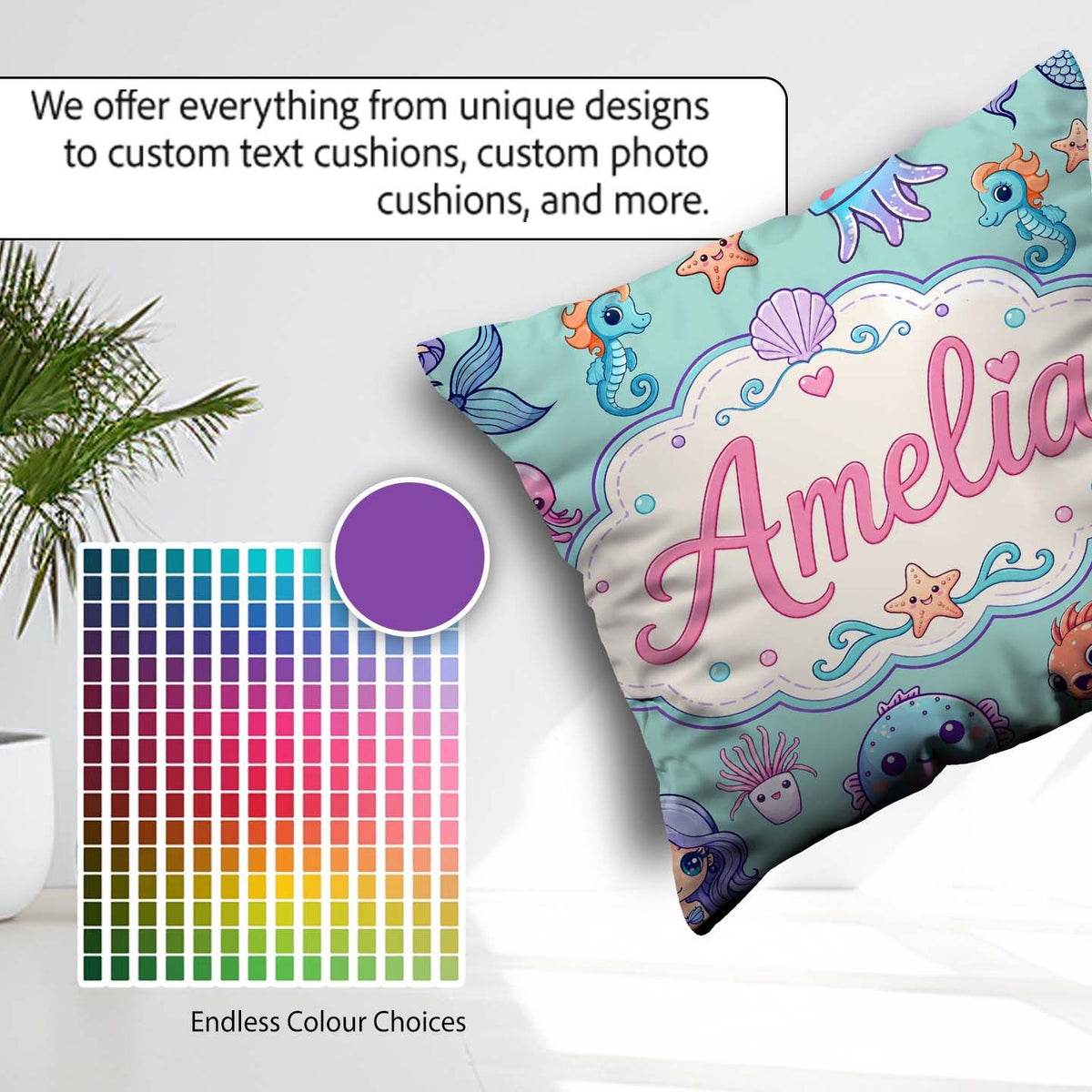 Custom Name Kawaii Mermaid Seahorse and Starfish Mint Background Square Filled Cushion Throw Pillow Sofa Bed Home Decor Zip Washable UK Made