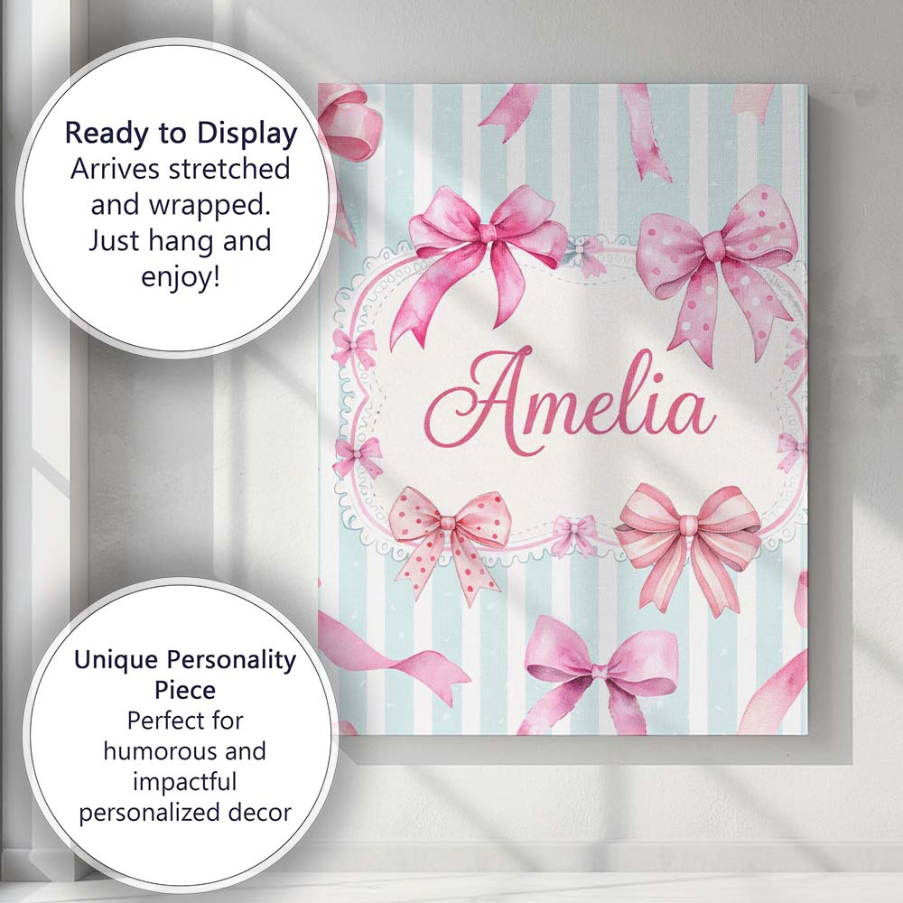Personalised Name Watercolor Pink Ribbon Bow Seamless Pattern with Custom Unique Canvas Wall Art Print Decor Picture Ready to Hang