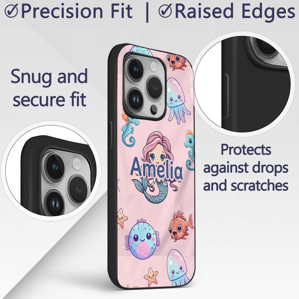 Cute Kawaii Mermaid Seahorse Decorative Design Custom Name Protective Phone Case Mobile Cover Durable Everyday Smartphone Shock Resistant