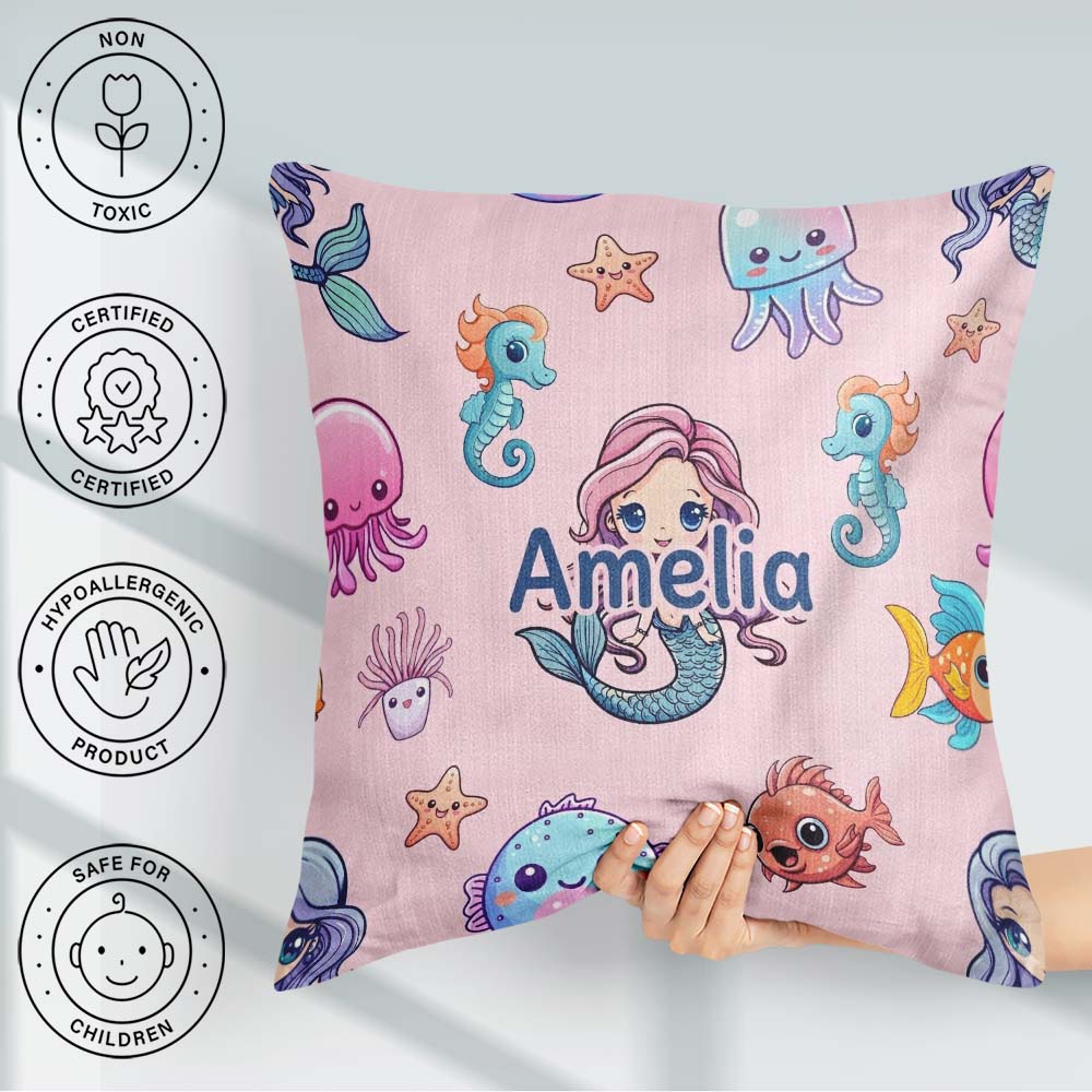 Custom Name Cute Kawaii Mermaid Seahorse and Starfish Light Pink Square Filled Cushion Throw Pillow Sofa Bed Home Decor Zip Washable UK Made
