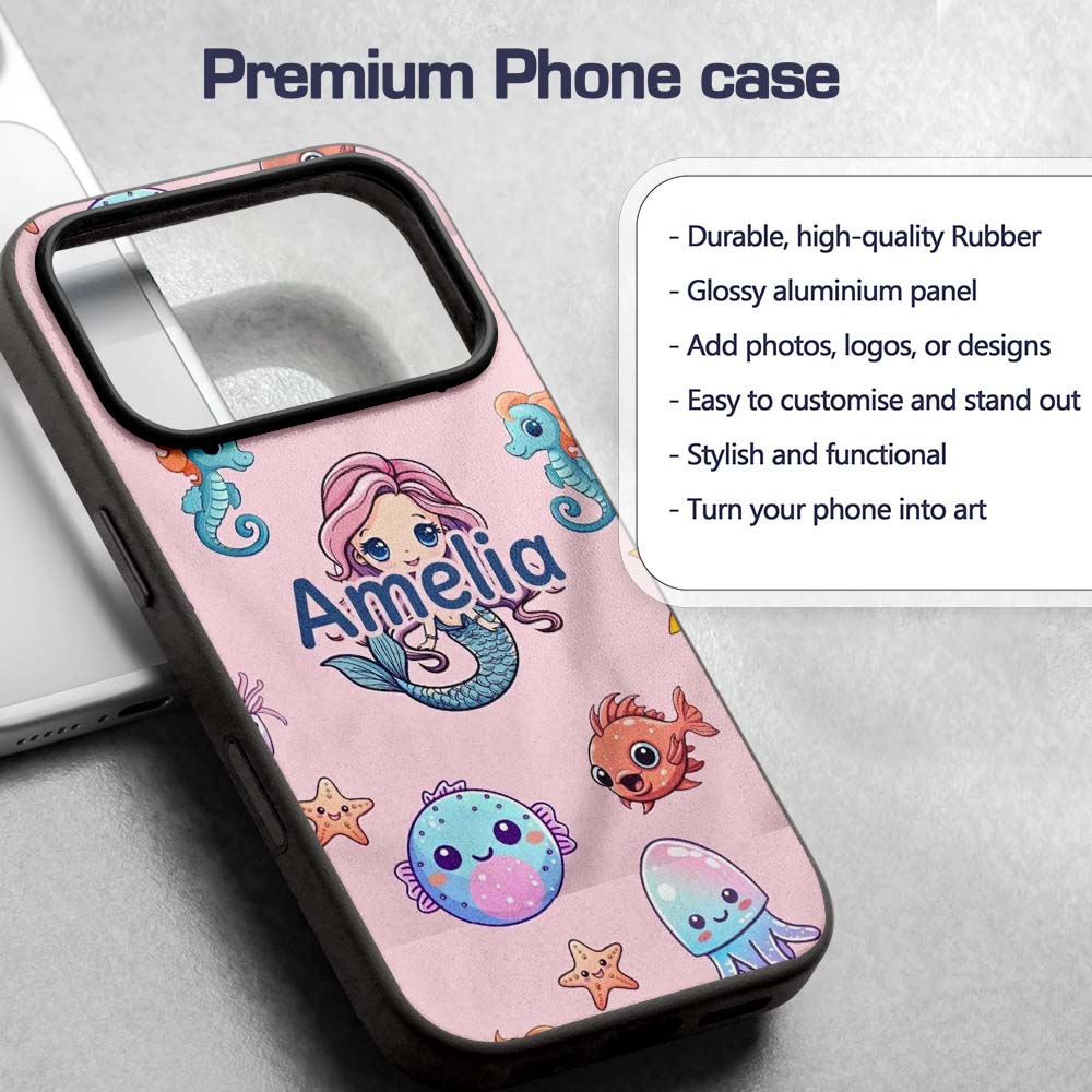Cute Kawaii Mermaid Seahorse Decorative Design Custom Name Protective Phone Case Mobile Cover Durable Everyday Smartphone Shock Resistant