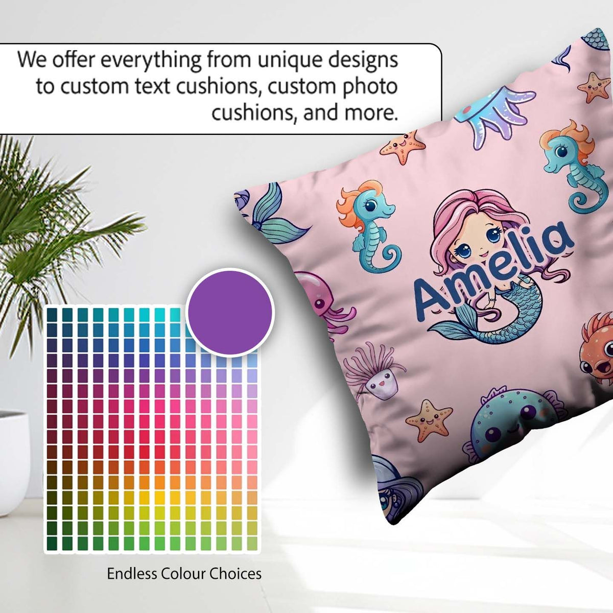 Custom Name Cute Kawaii Mermaid Seahorse and Starfish Light Pink Square Filled Cushion Throw Pillow Sofa Bed Home Decor Zip Washable UK Made