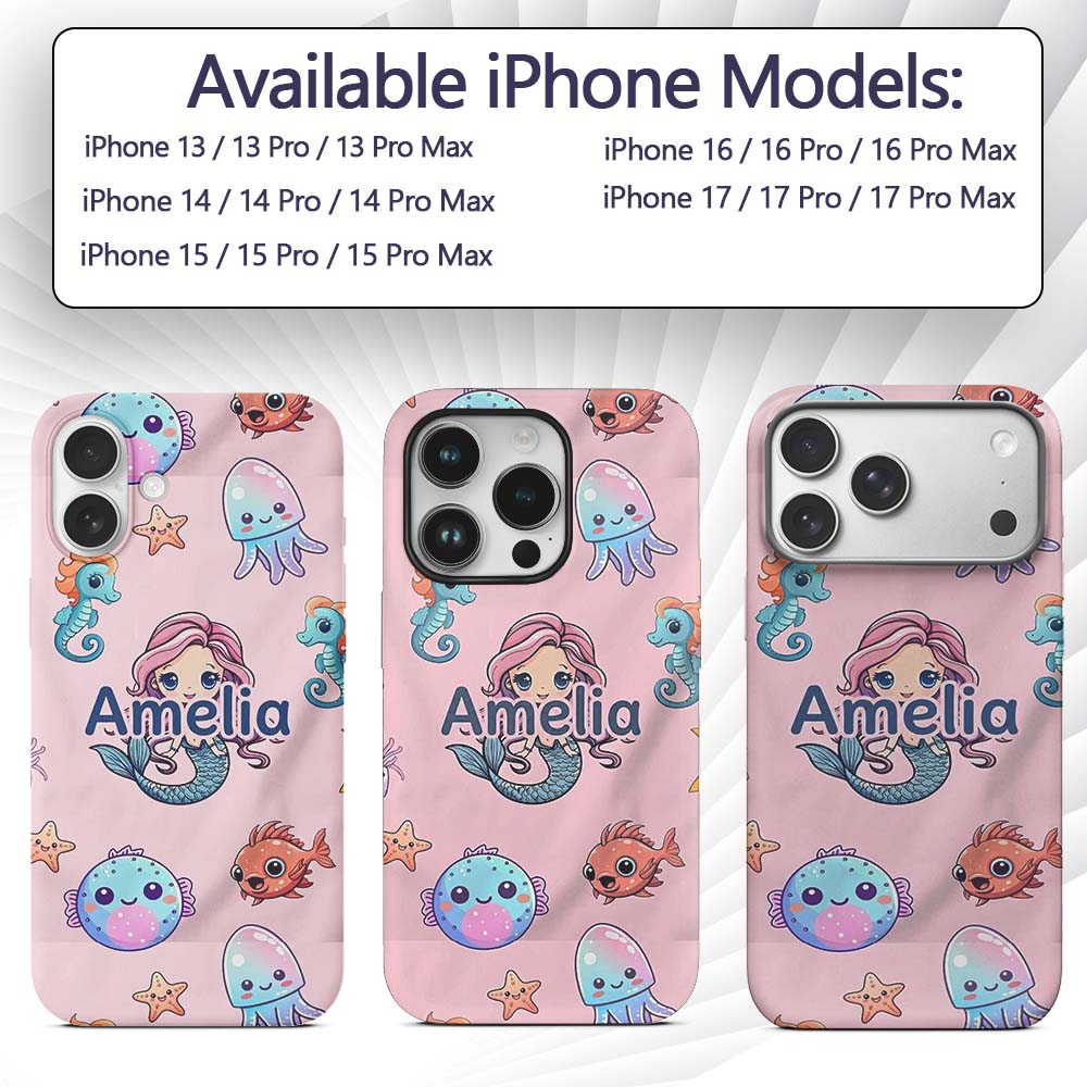 Cute Kawaii Mermaid Seahorse Decorative Design Custom Name Protective Phone Case Mobile Cover Durable Everyday Smartphone Shock Resistant